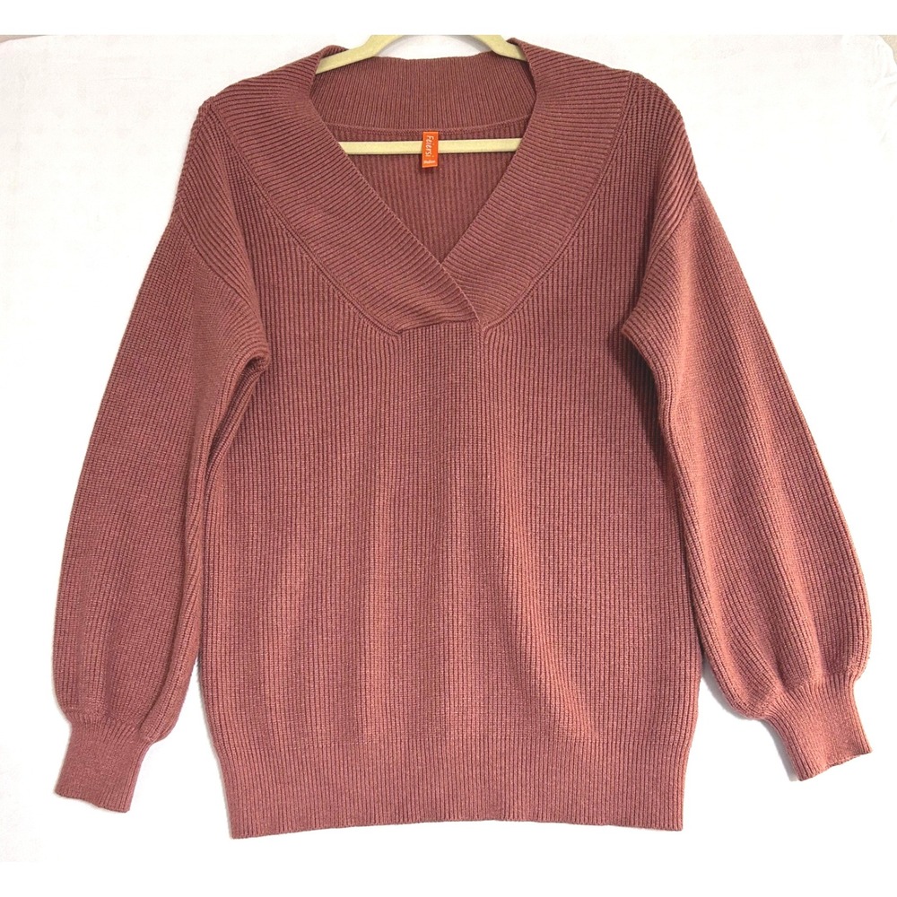 Feiersi Womens V-Neck Ribbed Knit Lantern Sleeve Sweater Mauve Pink Medium